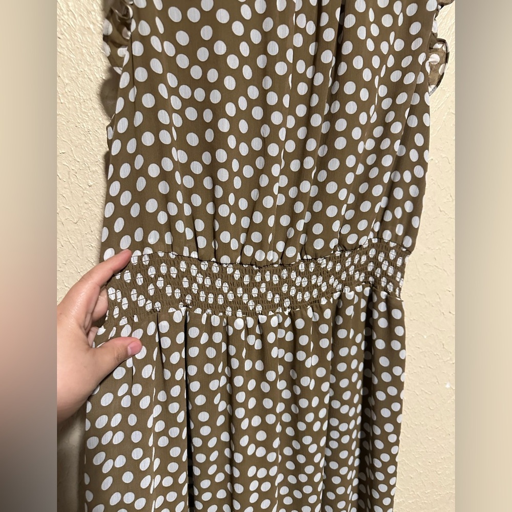 J Crew Smocked-Waist Midi Dress in Polka Dot Pecan Ivory Size Medium - Picture 4 of 9